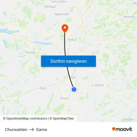 Churwalden to Gams map
