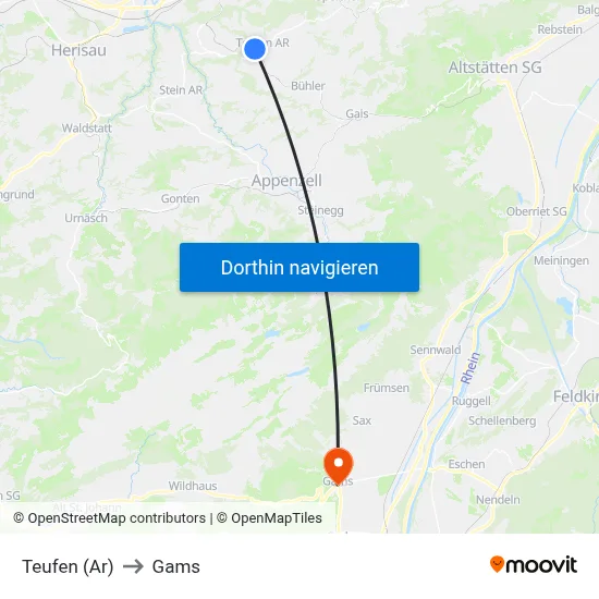 Teufen (Ar) to Gams map