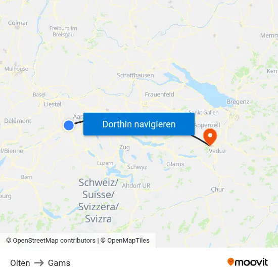 Olten to Gams map