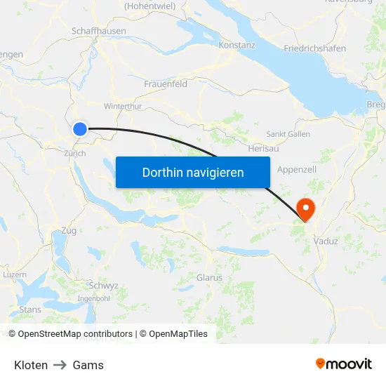 Kloten to Gams map