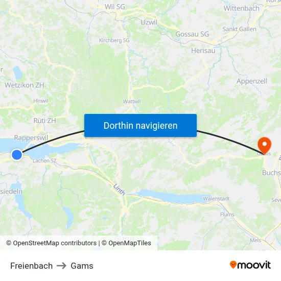 Freienbach to Gams map