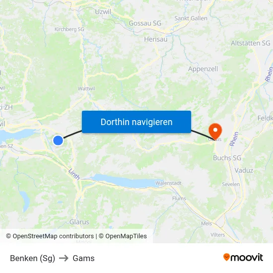 Benken (Sg) to Gams map