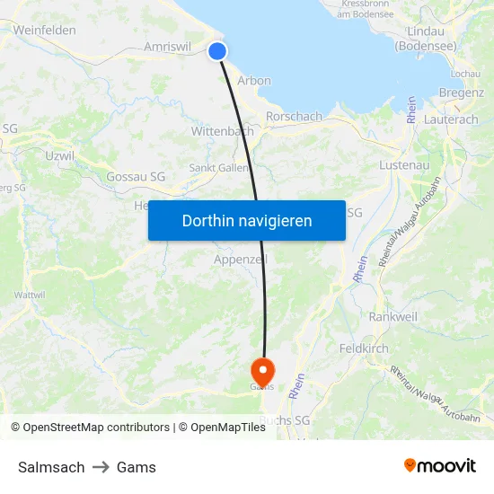Salmsach to Gams map