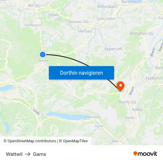 Wattwil to Gams map