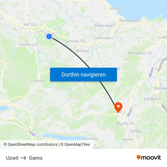 Uzwil to Gams map