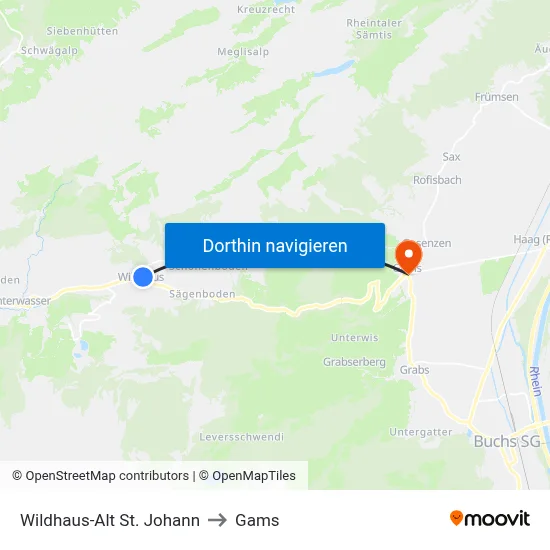 Wildhaus-Alt St. Johann to Gams map