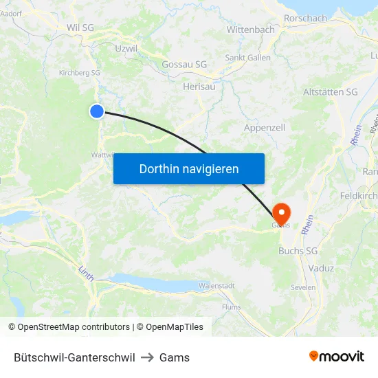 Bütschwil-Ganterschwil to Gams map