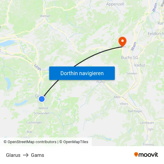 Glarus to Gams map