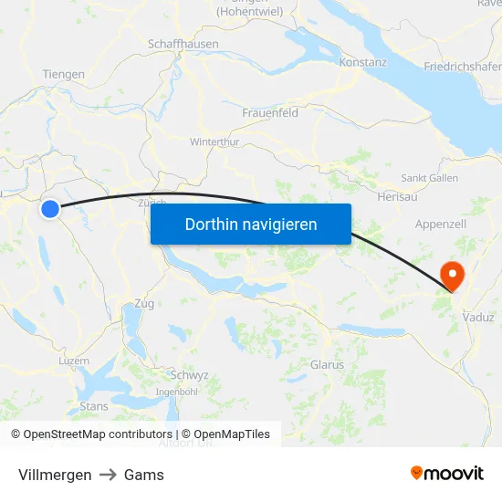 Villmergen to Gams map