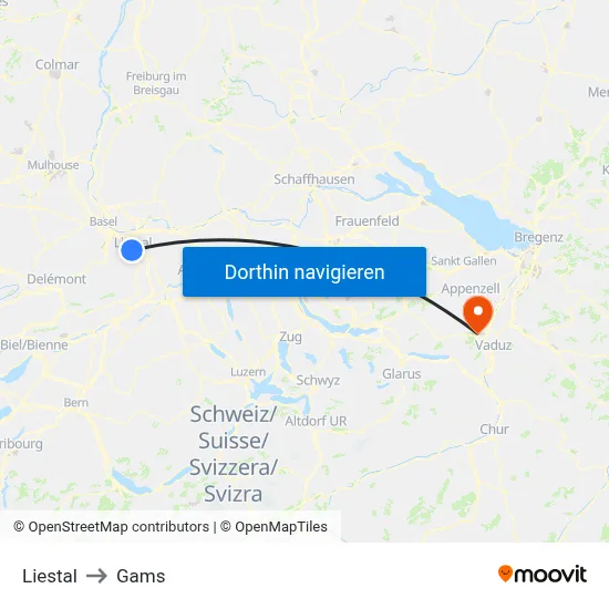 Liestal to Gams map