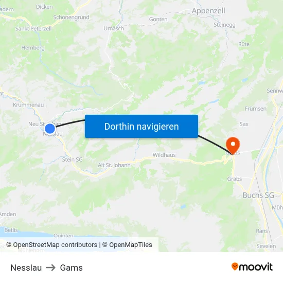 Nesslau to Gams map