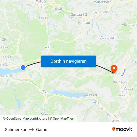 Schmerikon to Gams map
