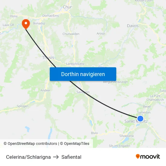 Celerina/Schlarigna to Safiental map