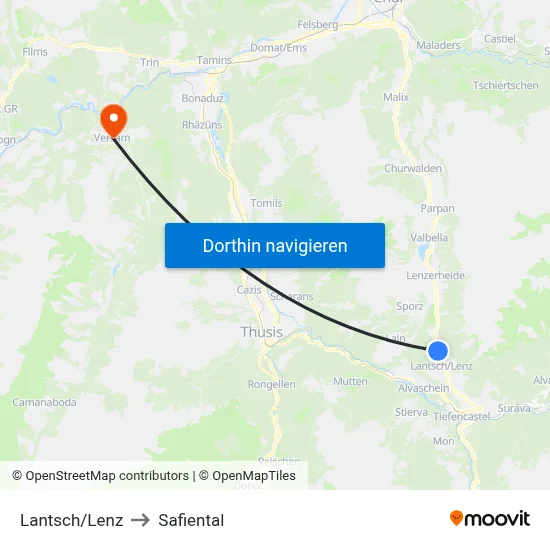 Lantsch/Lenz to Safiental map