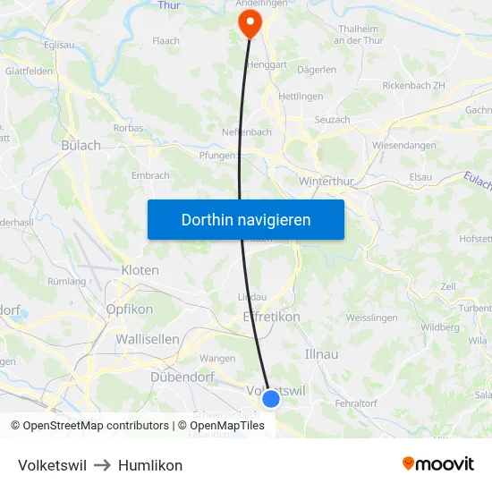 Volketswil to Humlikon map