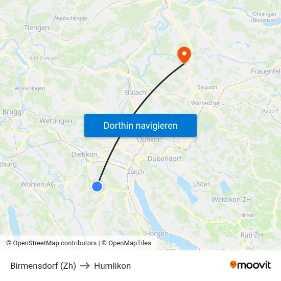 Birmensdorf (Zh) to Humlikon map