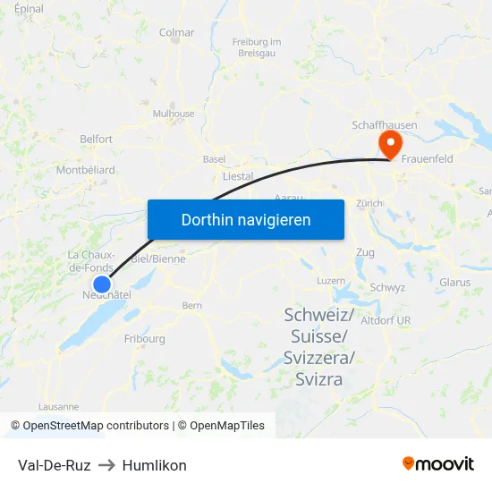 Val-De-Ruz to Humlikon map