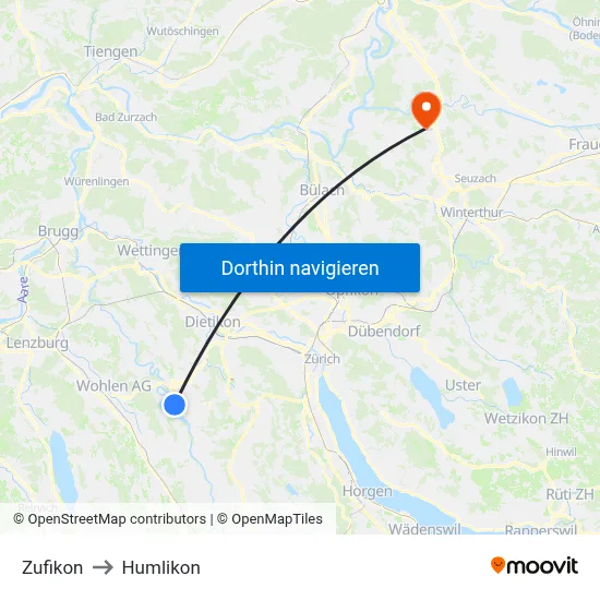 Zufikon to Humlikon map