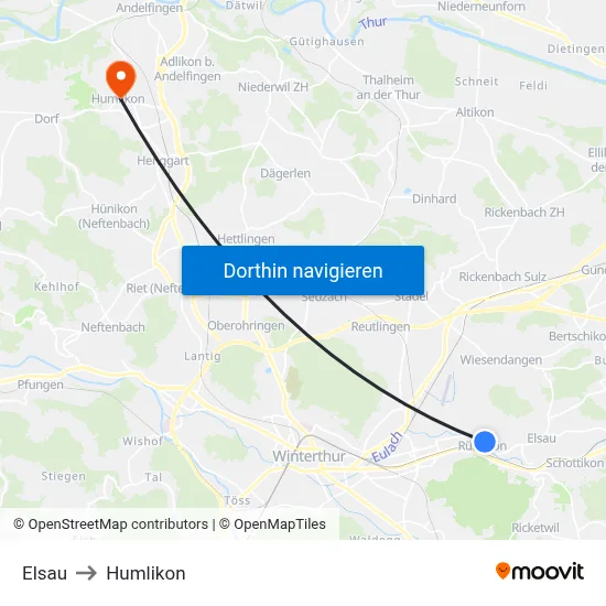Elsau to Humlikon map
