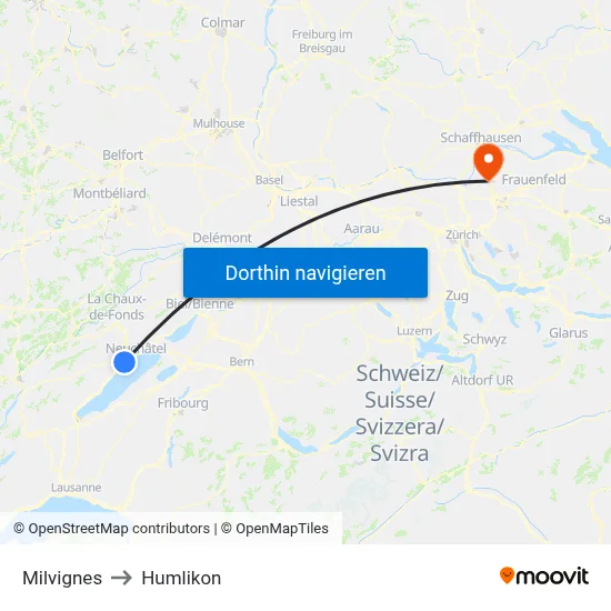 Milvignes to Humlikon map