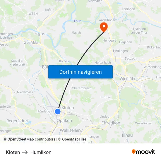 Kloten to Humlikon map