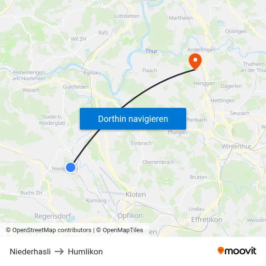 Niederhasli to Humlikon map