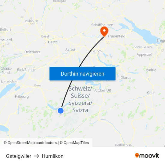 Gsteigwiler to Humlikon map