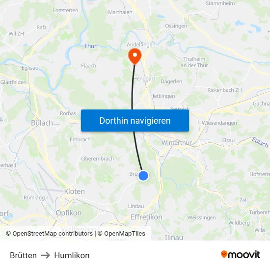 Brütten to Humlikon map