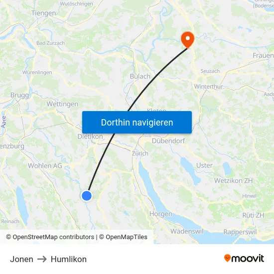Jonen to Humlikon map