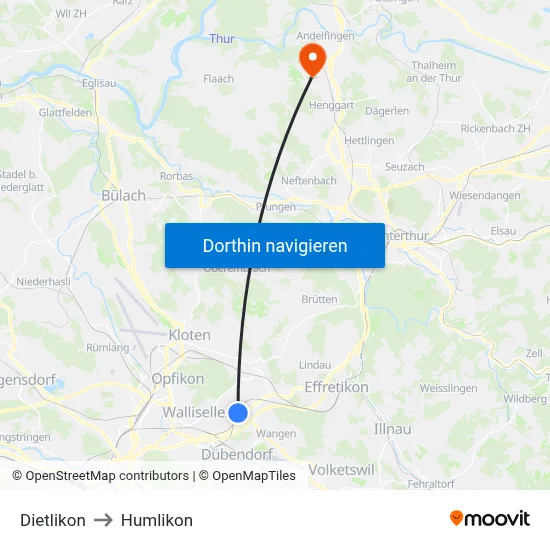 Dietlikon to Humlikon map