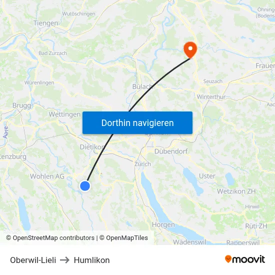 Oberwil-Lieli to Humlikon map
