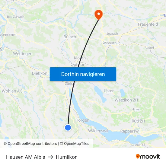 Hausen AM Albis to Humlikon map