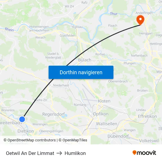 Oetwil An Der Limmat to Humlikon map