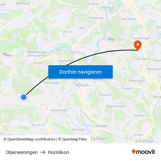 Oberweningen to Humlikon map