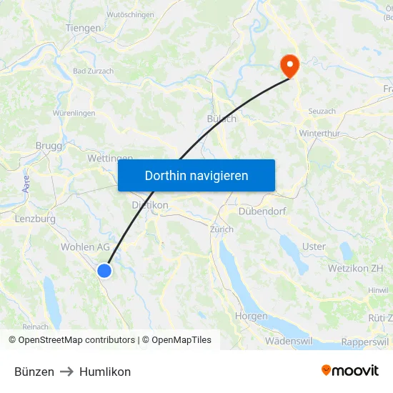 Bünzen to Humlikon map