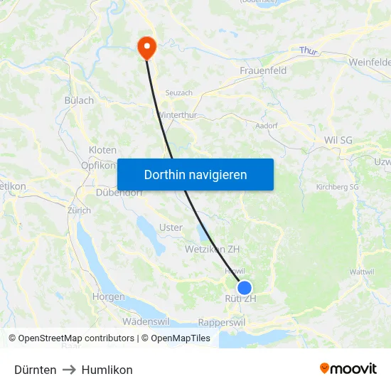 Dürnten to Humlikon map