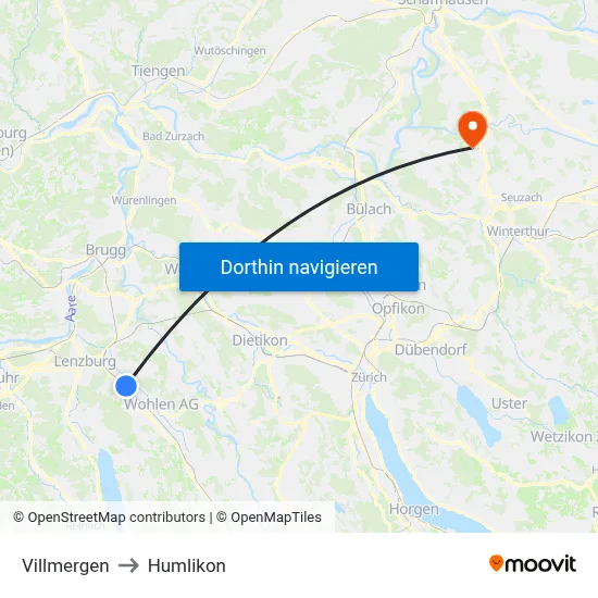 Villmergen to Humlikon map