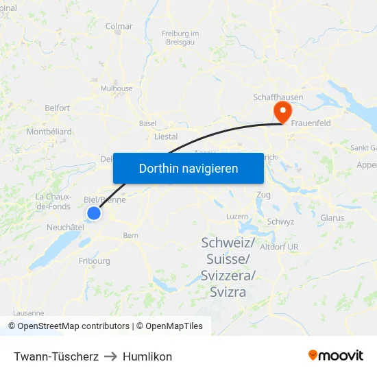 Twann-Tüscherz to Humlikon map