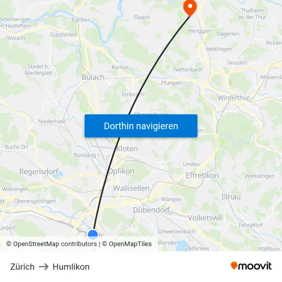 Zürich to Humlikon map
