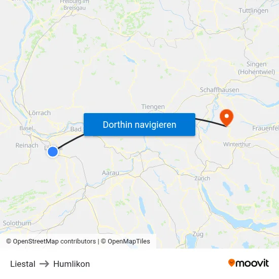 Liestal to Humlikon map