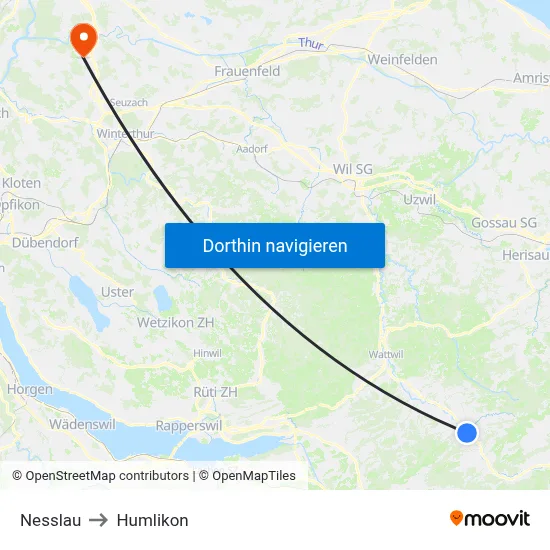 Nesslau to Humlikon map
