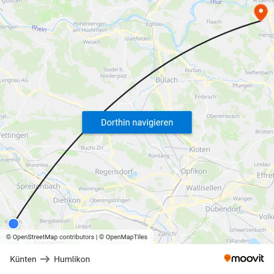Künten to Humlikon map