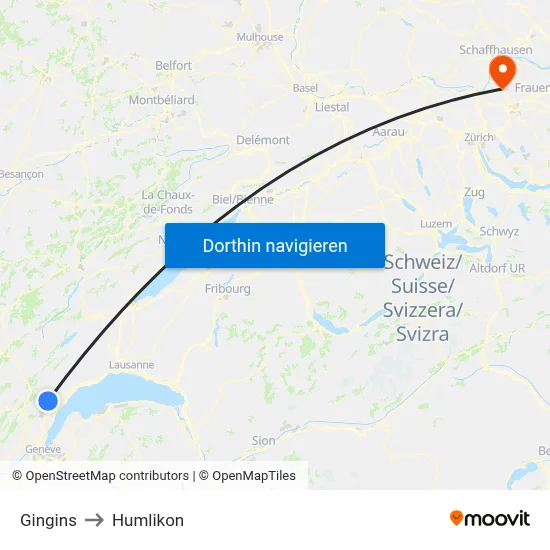 Gingins to Humlikon map