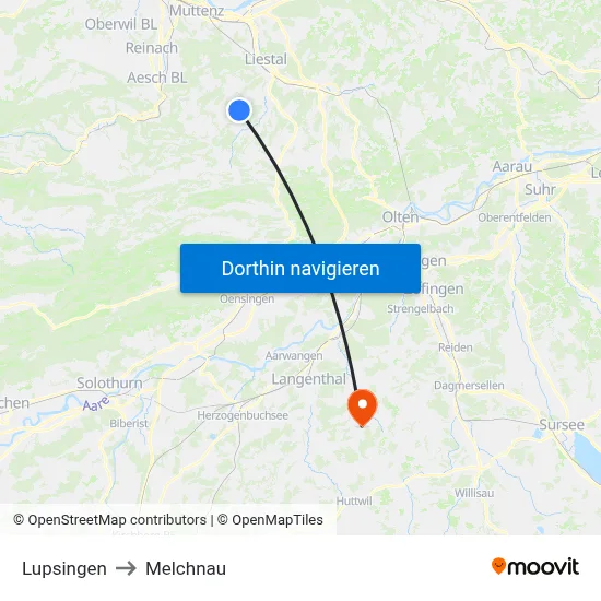 Lupsingen to Melchnau map