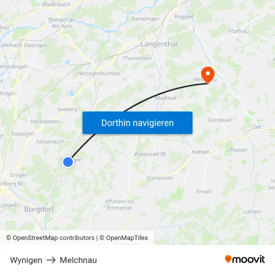 Wynigen to Melchnau map