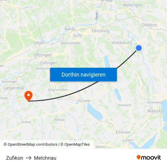 Zufikon to Melchnau map