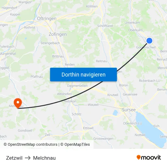 Zetzwil to Melchnau map