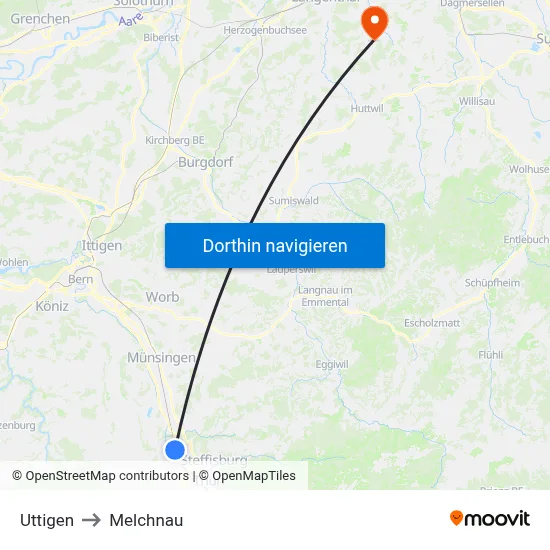 Uttigen to Melchnau map