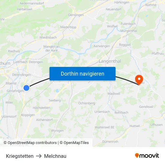 Kriegstetten to Melchnau map