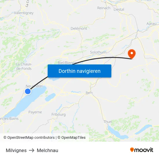 Milvignes to Melchnau map